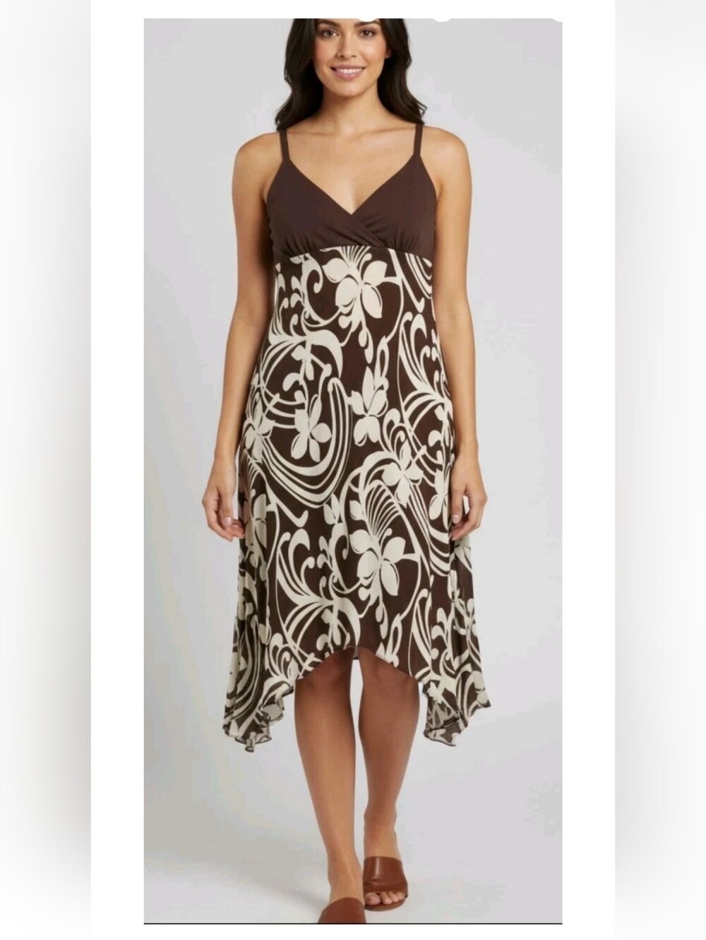 Vintage Y2K JustIn Thyme Brown Floral Sleeveless Handkerchief Hem Sundress Sz 14